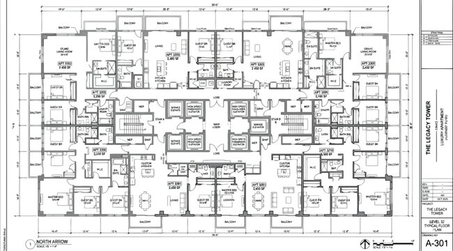 Architectural floor plan of a residential apartment building, technical drawing showing layout and dimensions