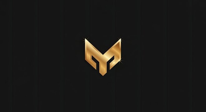 Golden geometric letter M or V logo on black.