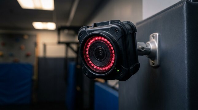 Close-up of a black surveillance camera with red infrared lights active, mounted on a padded wall in a gym setting