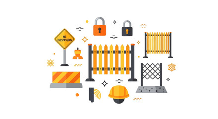 Fototapeta premium Flat Vector Security and Construction Safety Equipment Icons: Fences, Padlocks, Barrier, and Protective Gear