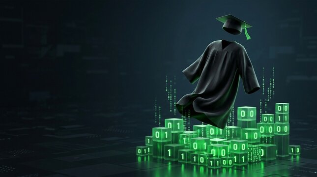 Graduation cap and gown floating above glowing green binary code cubes symbolizing digital education success