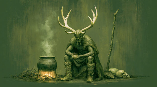 A digital painting of a horned, bearded shaman in furs, crouched next to a steaming cauldron. He holds a small cup. A tall wooden staffs skull, other bones. Concept of male energy, shamanic healing.