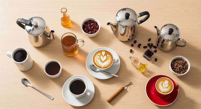 Flat lay arrangement of coffee makers, mugs, and accessories on a neutral background.