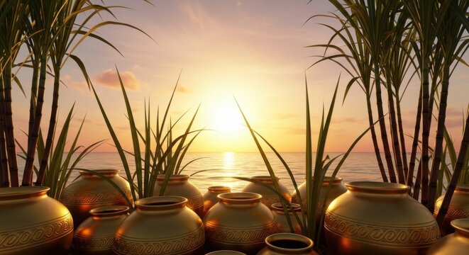 Clay pots, tropical plants, serene sunset, beach landscape
