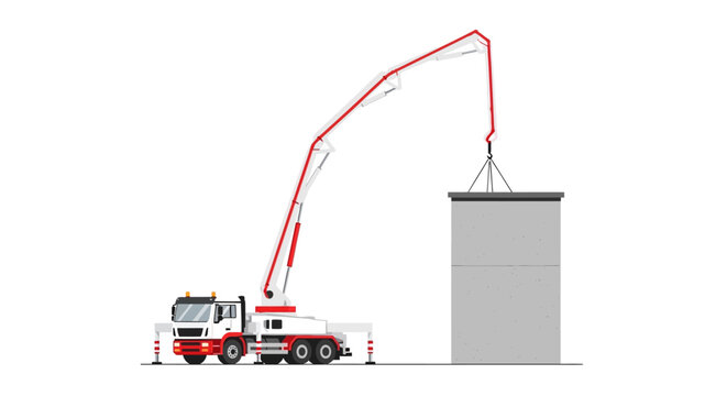 Concrete Pump Truck with Telescopic Boom and Concrete Wall Structure Illustration on White Background