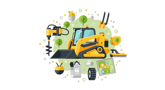 Modern Compact Track Loader and Skid Steer Illustration with Versatile Attachments for Landscaping, Construction, and Site Development