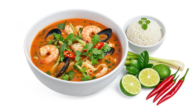 A vibrant bowl of seafood soup featuring shrimp, mussels, and herbs, served with rice and fresh lime, showcasing culinary delights and healthy eating.