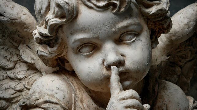 Stone cherub angel statue with finger over mouth in shushing gesture vintage sculpture close-up
