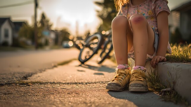 Child sitting on urban curb with injured knee at sunset outdoor street scene