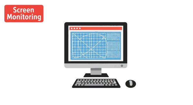 Desktop computer with calendar on screen and screen monitoring badge illustrating digital workflow.
