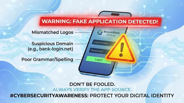Warning fake application alert with suspicious domain detected on mobile phone login screen for cybersecurity awareness protecting digital identity from grammar spelling errors and mismatched logos