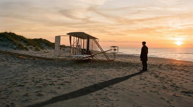Pioneering man in period suit stands with historical aircraft replica on sandy beach during vibrant golden hour sunset.