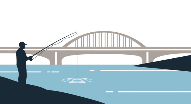 Silhouette of a fisherman casting a line by a river with a large arch bridge