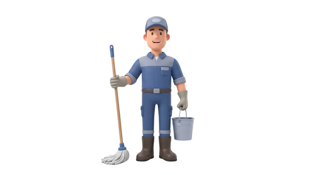 Cartoon cleaner man holding mop and bucket ready for work.