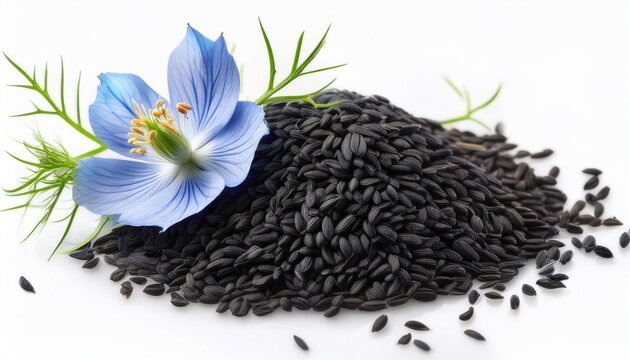 Black Cumin Seeds With Nigella Sativa Flower On White Background