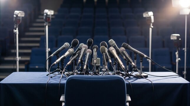 Football Press Conference Table Microphones Dramatic Light &mdash; Sports Media Winner Interview Concept
