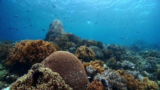 Breathtaking 4K underwater view of a massive brain coral on a thriving coral reef ridge. Surrounded by swarming reef fish and soft corals in the pristine waters of Raja Ampat, Indonesia.