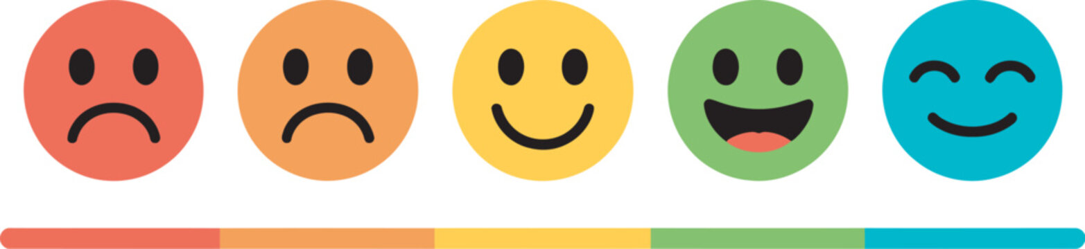Five-level emotion rating bar with color scale icons, customer satisfaction and feedback system, mood evaluation and survey concept, from sad to happy indicators, modern vector design for apps and UX.