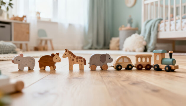 Wooden animal figures and toy trains in Scandinavian style with natural textures and soft daylight in a cozy nursery