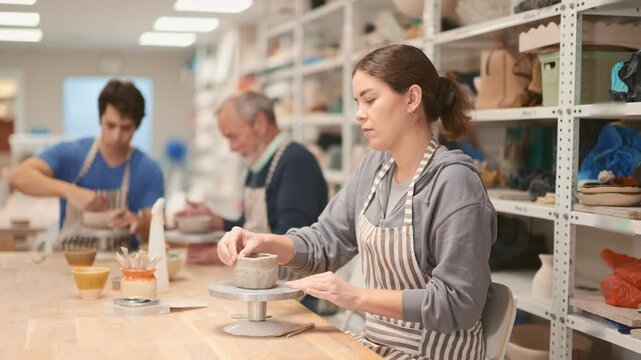 Young woman sits at workbench in ceramics workshop, sculpting and shaping clay piece