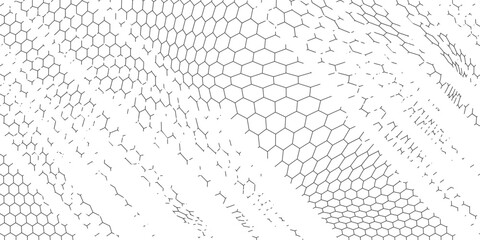 Fishing or soccer net. Repeated hexagon pattern. Black wired mesh texture isolated on white background. Metallic or fabric fence, cage or lattice structure. Vector graphic Illustration. © Musrifah