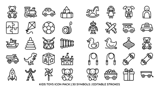 Children Toys Line Icons Pack Featuring Dolls Blocks Vehicles Educational and Playtime Elements
