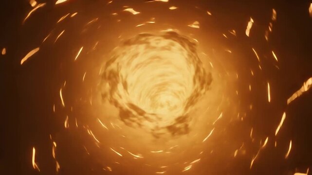 Pulsing core and rotating ember streaks circling darker ring, starting slow zoom in CGI tunnel