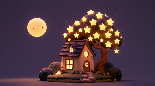 Cute miniature clay house under a glowing star tree with a smiling full moon