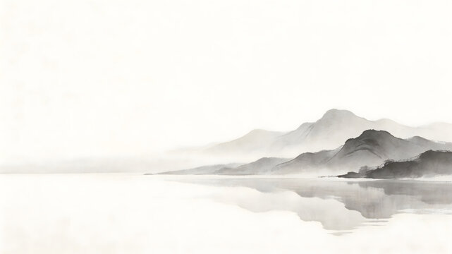 Traditional Chinese pavilion on misty mountain peak with layered ridges