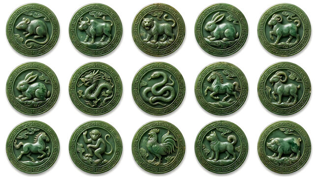 Zodiac signs on green jade.