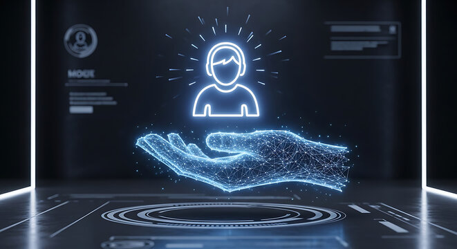 Glowing digital hand supporting a futuristic neon customer support avatar in a high tech data center environment representing AI assistance