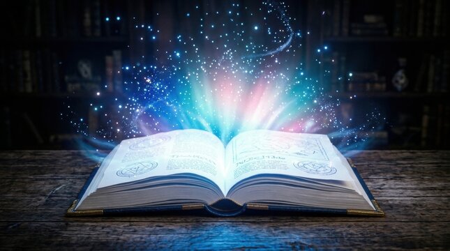 3D rendering open book blue light emanating from Futuristic displays