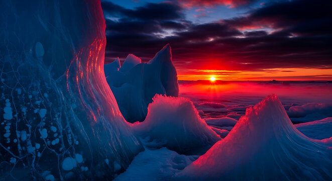 Vibrant Polar Landscape Featuring Glowing Ice Formations Under a Dramatic Fiery Sunset Sky Over the Arctic Frozen Horizon