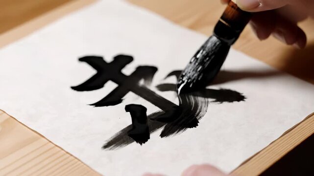 Calligrapher Hand Painting Black Ink Characters with Traditional Brush onto Ivory Rice Paper
