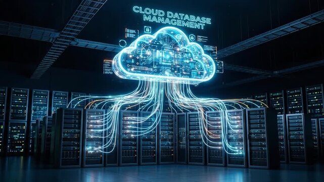 Cloud database management concept featuring glowing cloud icon connected to multiple server racks in dark data center room, illustrating digital data flow, network technology, and server connection