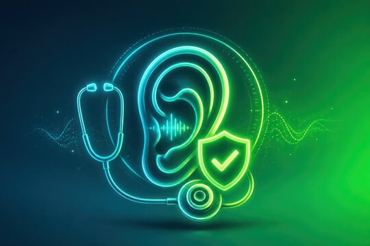 Neon ear health concept with stethoscope shield for medical wellness and hearing care