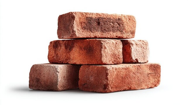 Stack of weathered red bricks arranged in a pyramid shape on a white background