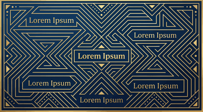 Art deco style luxury background with gold geometric lines and placeholder text boxes
