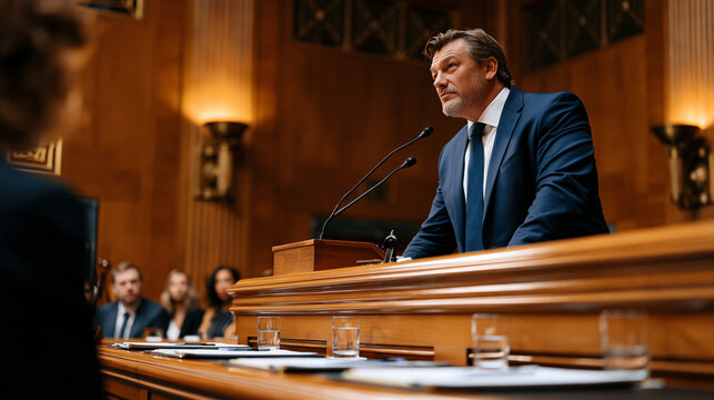 Senator leaning toward a microphone on a raised dais inside a wood-paneled congressional hearing chamber, witnesses seated at a long table below with legal pads and water glasses in front of them .u