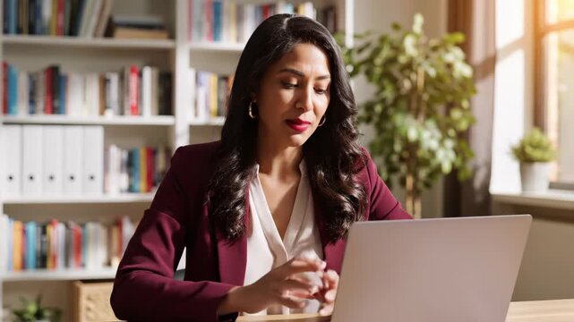 Smiling professional woman in a burgundy blazer leading a virtual meeting from a bright home office, seated at a desk with laptop, bookshelf and plants in background