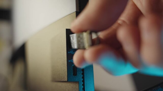 Close up hand inserting or plugging usb drive or memory stick into computer. Stealing private data or installing software or malware. Spy hacker breaking into government system archive in office room