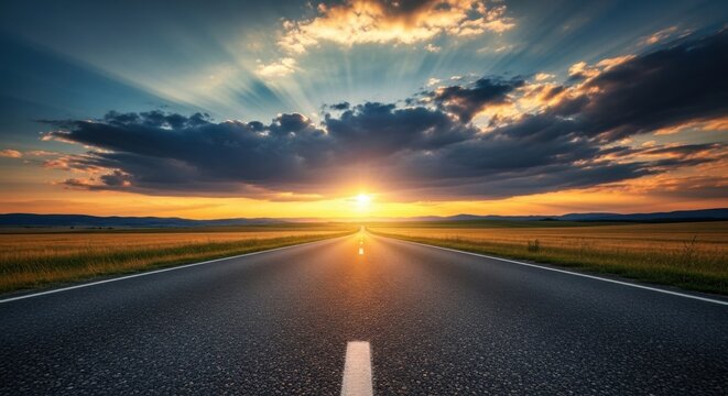 Open road stretching towards a dramatic sunset with sun rays breaking through clouds