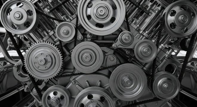 Closeup view of a complex car engine v8 motor with belts and pulleys in black and white