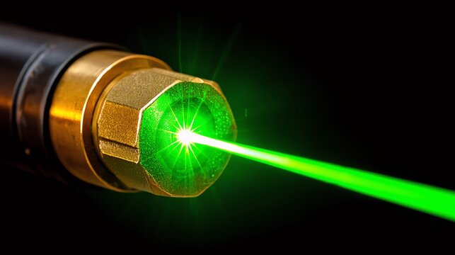 Close-up of laser pointer with a bright green laser beam