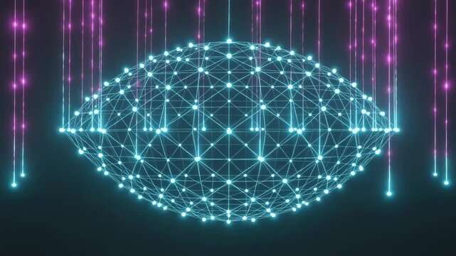Pulsing wireframe ellipsoid glowing as cyan beam falling in void, neon strands lighting network