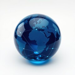 Fototapeta premium Blue globe depicts Earth, connected by network lines. Reflective surface suggests technology, communication, global reach. Simple, clean presentation.