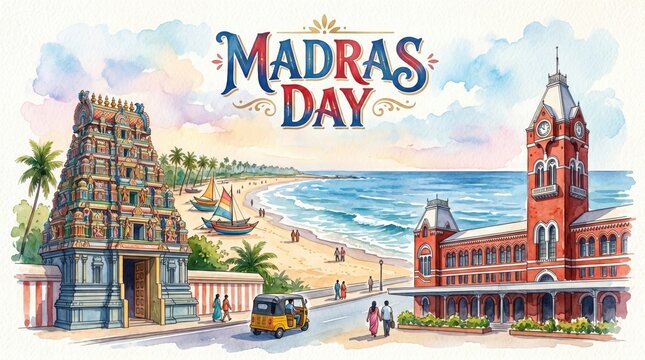Colorful Madras Day Celebration Illustration with Coastal Cityscape and Historic Architecture