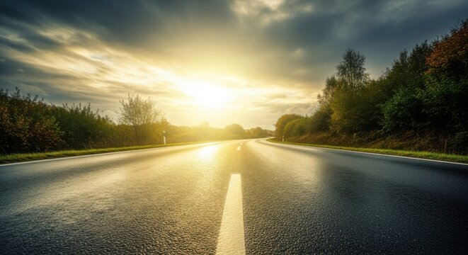 Sunlight shines on a wet asphalt road with trees lining the sides under a dramatic sky