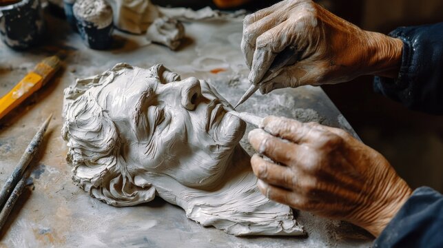 Skilled sculptor uses a modeling tool to carefully detail the face of a clay sculpture.