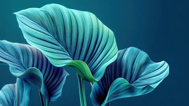 Close-up of vibrant green and blue tropical leaves with intricate vein patterns against a dark background